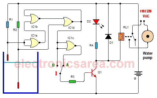 Water Level Controller Circuits - Water Level Controller Circuit Using Cd4001 Ic - Water Level Controller Circuits