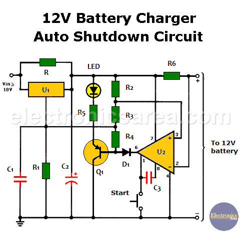 12V Battery Charger Auto Shutdown Circuit using op-amp & voltage regulator