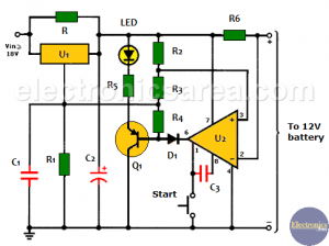12V Battery charger circuit (LM301A op-amp, LM350 voltage regulator)