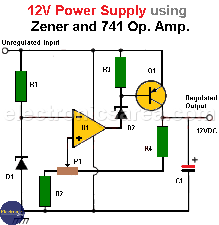 12V Power Supply using Zener and 741 Op. Amp. - Electronics Area