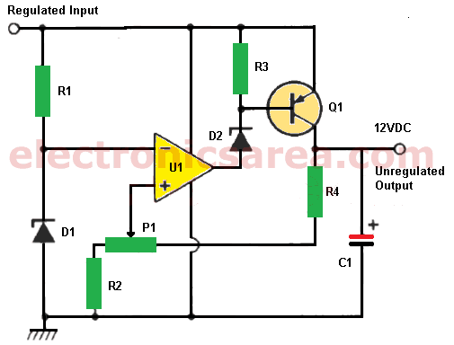 12V Power Supply using Zener and 741 Op. Amp.