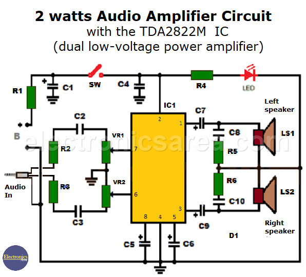 2 watts Audio Amplifier Circuit with the TDA2822M IC