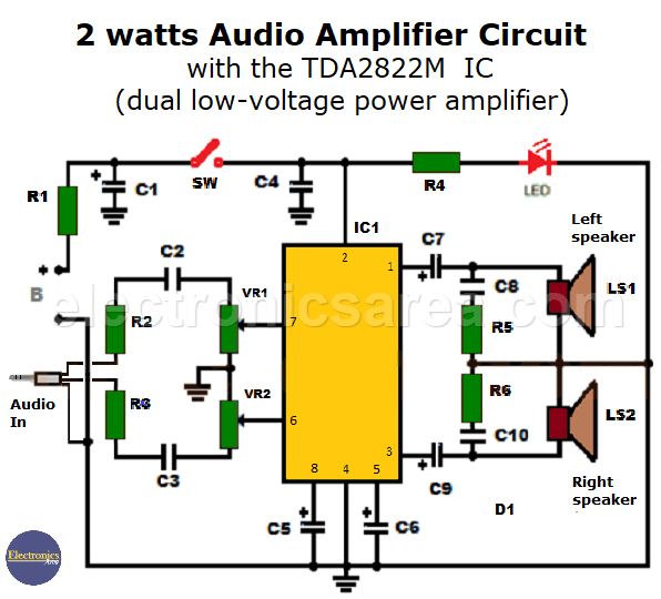 2 watts Audio Amplifier Circuit with the TDA2822M IC - Electronics Area