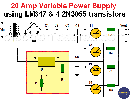 20 Amp Variable Power Supply using LM317 and 4 2N3055 transistors