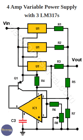 4 Amp Variable Power Supply with 3 LM317s