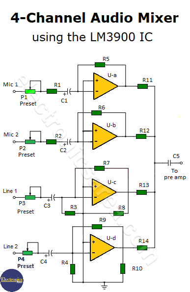 4-channel audio mixer using LM3900