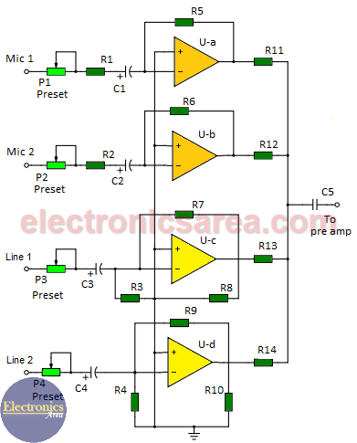 4-channel audio mixer using LM3900 IC