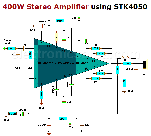 400 Watts Stereo Amplifier Circuit using STK4050 (200w + 200w)