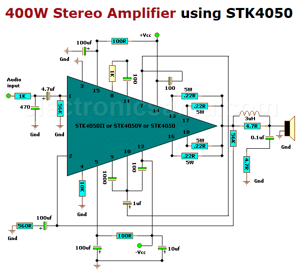 400 Watt Stereo Amplifier Circuit using STK4050 (200w + 200w)