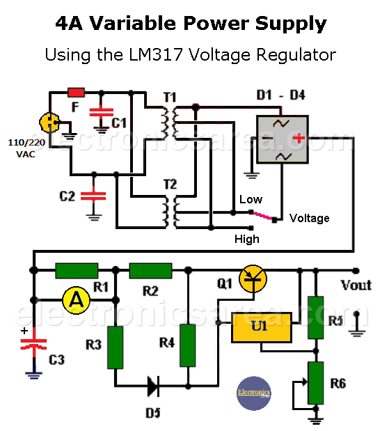 4 Amp Variable Power Supply Using the LM317 voltage regulator