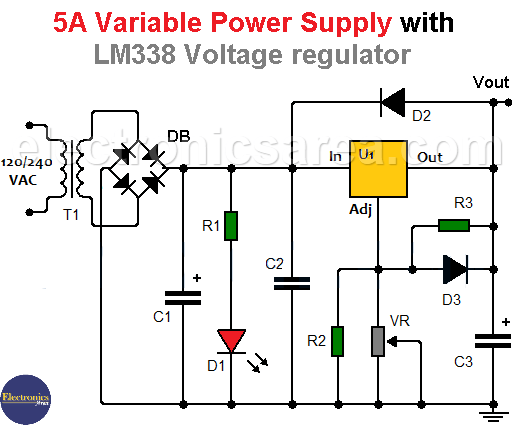 5A Variable Power Supply with LM338 Voltage Regulator