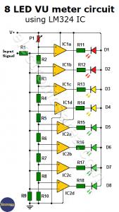 8 LED VU meter circuit using LM324 IC - Electronics Area