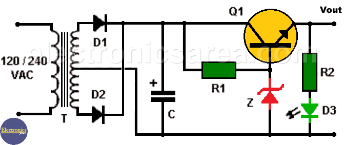 9VDC Power Supply using Zener and Transistor