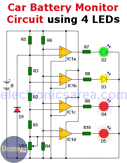 Car battery monitor circuit using 4 LEDs