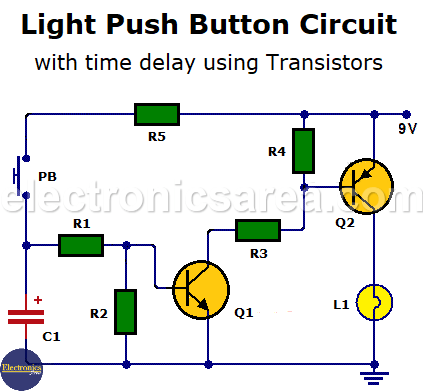 Light Push button Circuit with time delay using Transistors