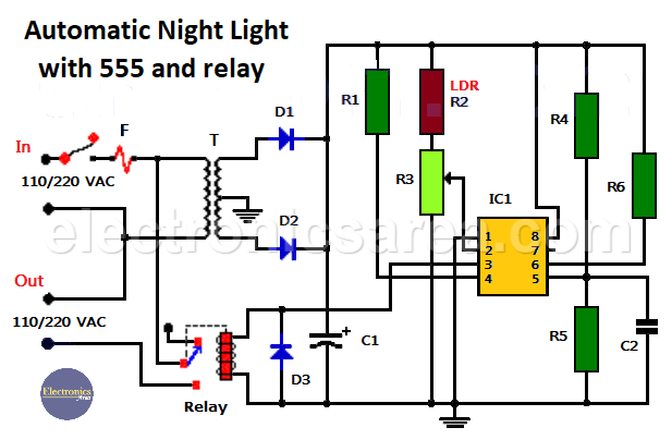 Automatic night light with 555 and relay