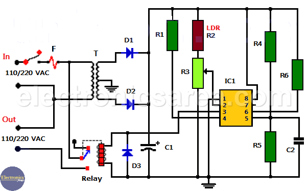 Automatic night light using 555 and relay