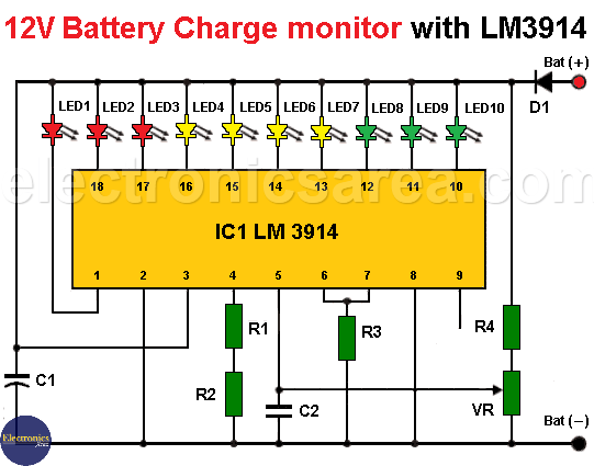 Battery Charge Monitor Circuit with LM3914 IC