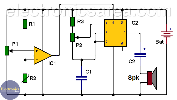 Car Temperature Alarm using 741 & 555 ICs