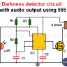 Darkness detector circuit with audio output using 555
