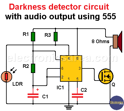 Darkness detector circuit with audio output using 555