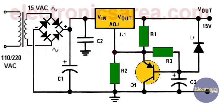 Delayed activation 15V voltage source using LM317