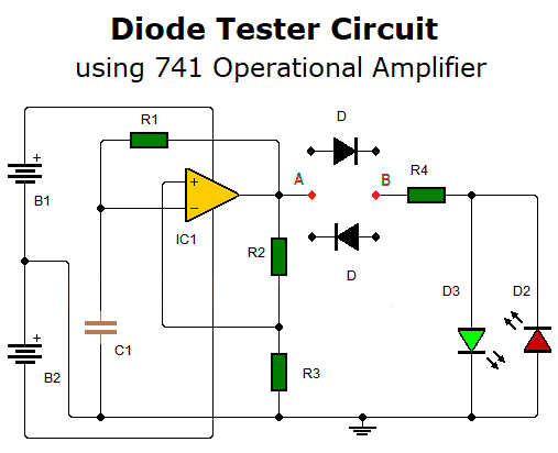 Diode tester circuit using 741 operational amplifier