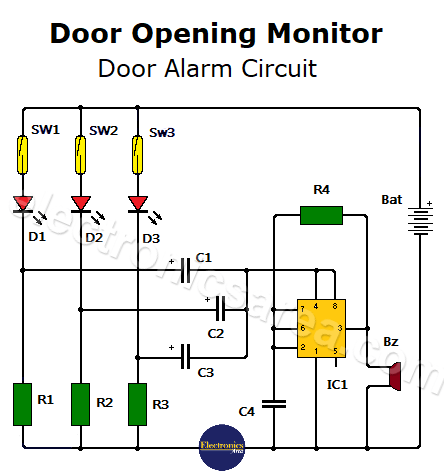 Door opening monitor - Door alarm circuit using 555 & LEDs