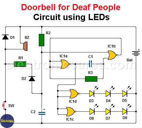 Doorbell for Deaf People Circuit using LEDs