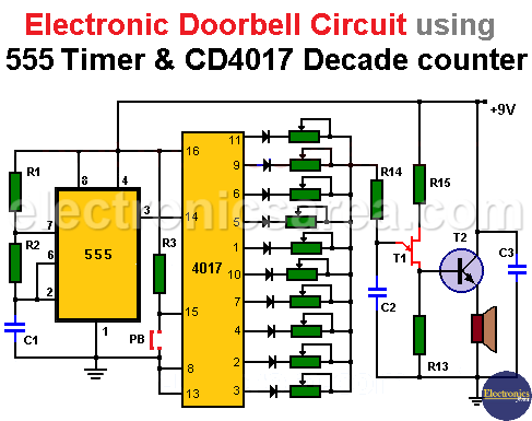 Electronic Doorbell Circuit using a 555 and CD4017 - Electronics Area