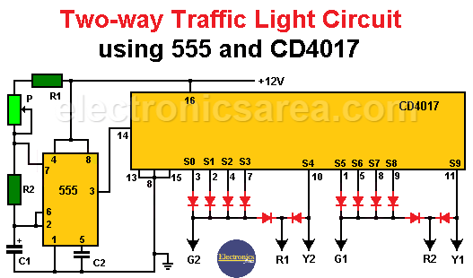 Two-way traffic light Circuit using 555 and CD4017