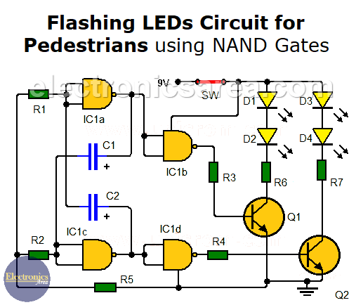 Flashing LEDs circuit for pedestrians using NAND gates