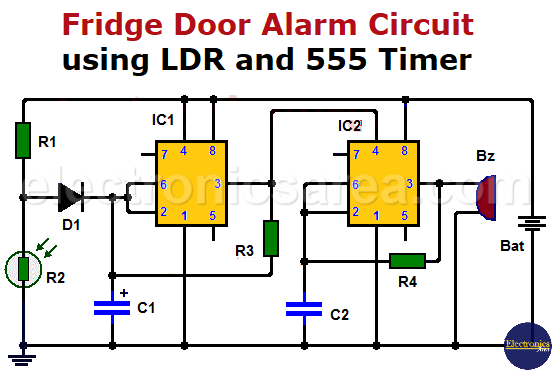 Fridge door alarm circuit with LDR and two 555 timers