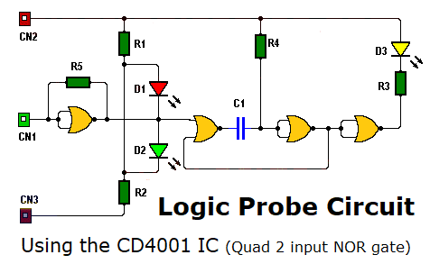 Logic probe circuit using the CD4001 IC (Quad 2 input NOR gate)