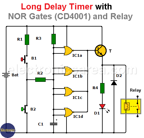 Long Duration Timer / Long Delay Timer with CD 4001 (NOR) and Relay