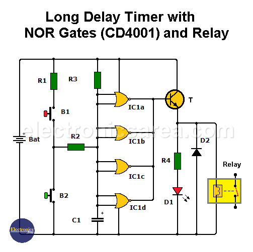 Long Duration Timer / Long Delay Timer with CD 4001 (NOR) and Relay