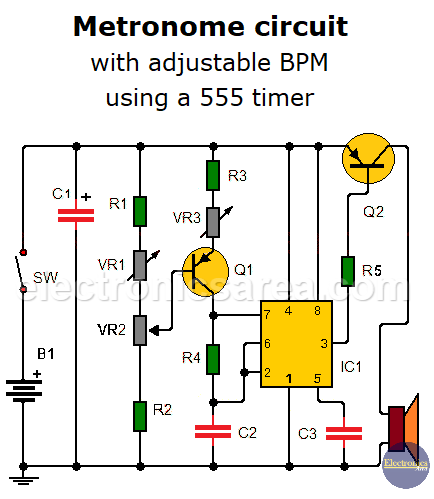 Metronome circuit with adjustable BPM using a 555 timer
