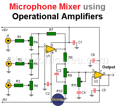 Microphone Mixer using operational amplifiers