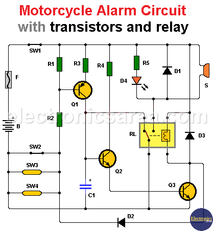 Motorcycle Alarm Circuit with transistors and relay