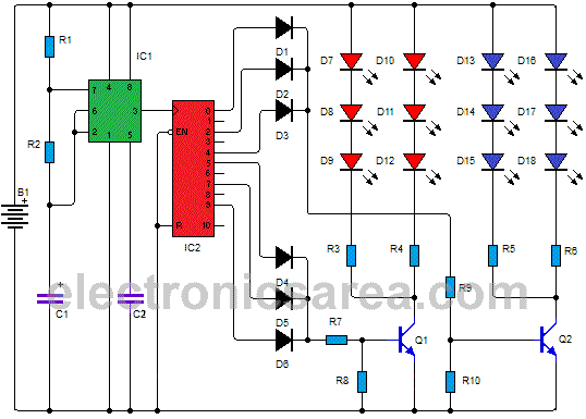 Police Style Strobe Light Circuit using 555 and 4017 ... christmas led light wiring schematic 