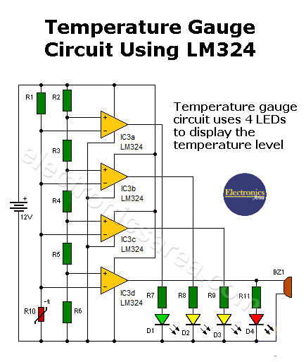 Temperature gauge circuit using the LM324 IC