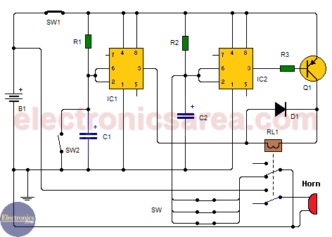 Car Burglar Alarm using two 555 timers